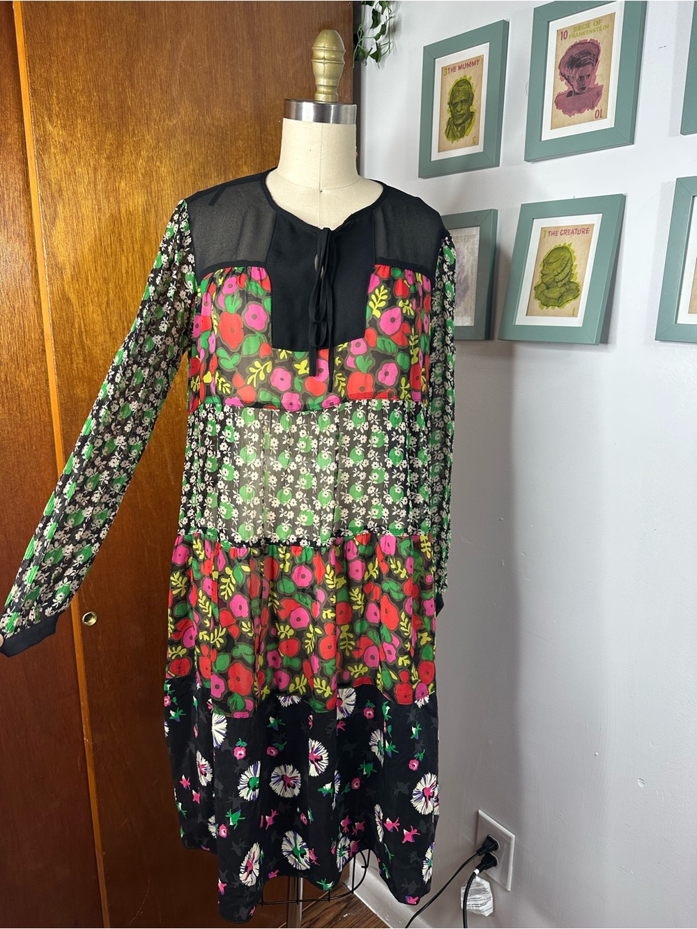 Anna Sui Black Floral Tiered Long-Sleeve Midi Dress